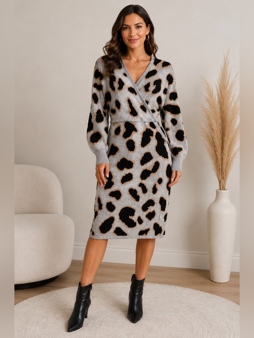 Women’s Grey Leopard Print Wrap Sweater Dress Long Sleeve Bodycon Midi BNWT
